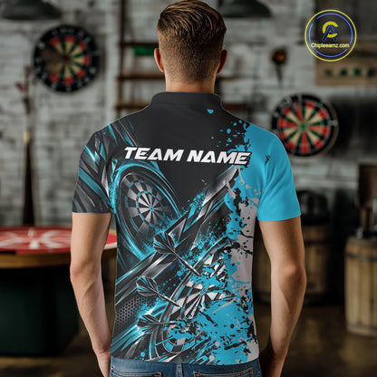 Custom Black And Sky Blue Splatter Dart Team Men Polo Shirt, Dart League Jersey IPHW12574
