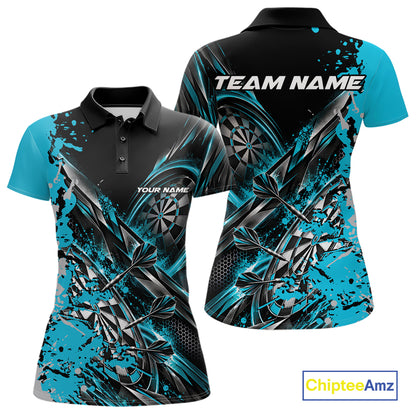 Custom Black And Sky Blue Splatter Dart Team Women Polo Shirt, Dart League Jersey IPHW12574