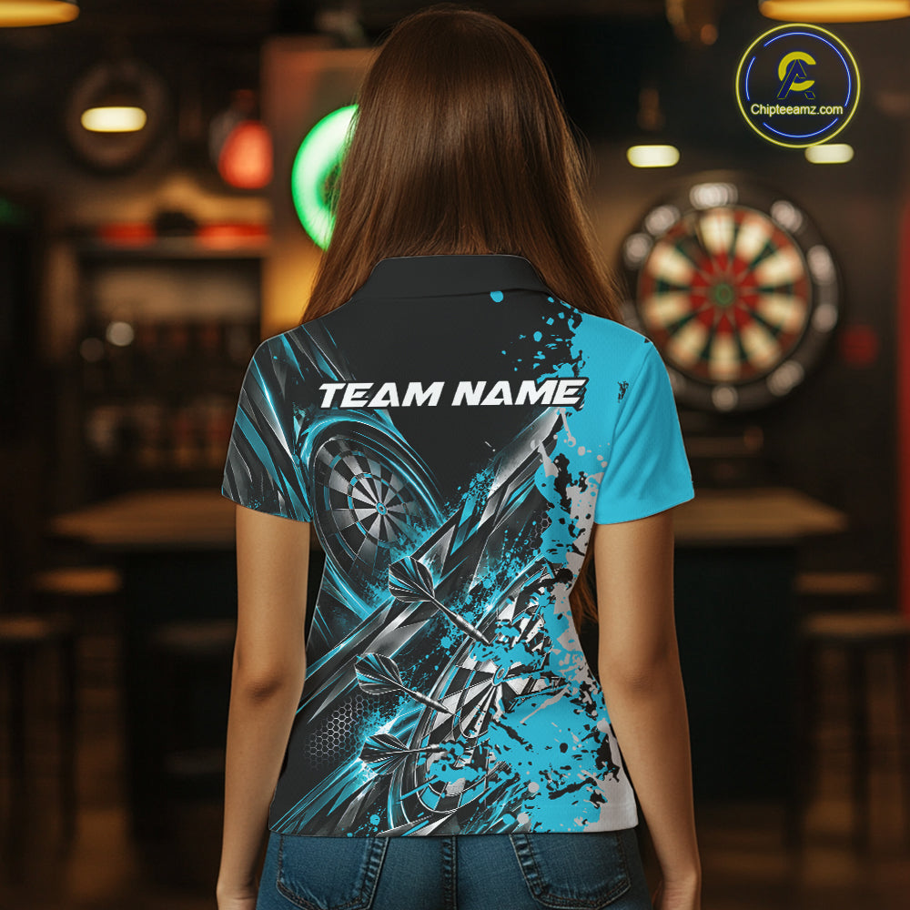 Custom Black And Sky Blue Splatter Dart Team Women Polo Shirt, Dart League Jersey IPHW12574