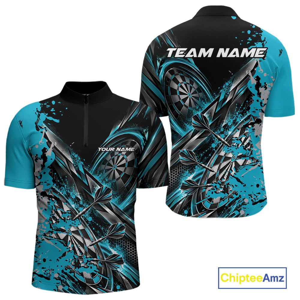Custom Black And Sky Blue Splatter Dart Team Men Quarter Zip Shirt, Dart League Jersey IPHW12574