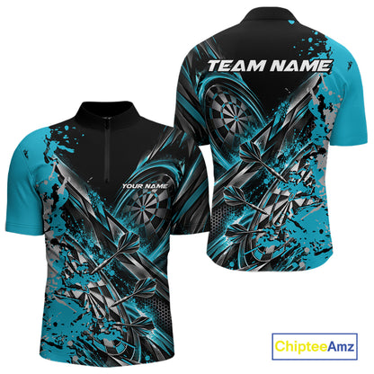 Custom Black And Sky Blue Splatter Dart Team Men Quarter Zip Shirt, Dart League Jersey IPHW12574