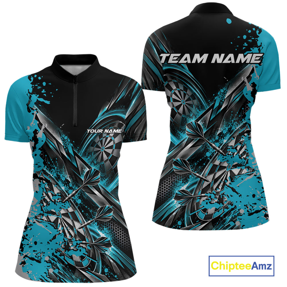 Custom Black And Sky Blue Splatter Dart Team Women Quarter-Zip Shirt, Dart League Jersey IPHW12574