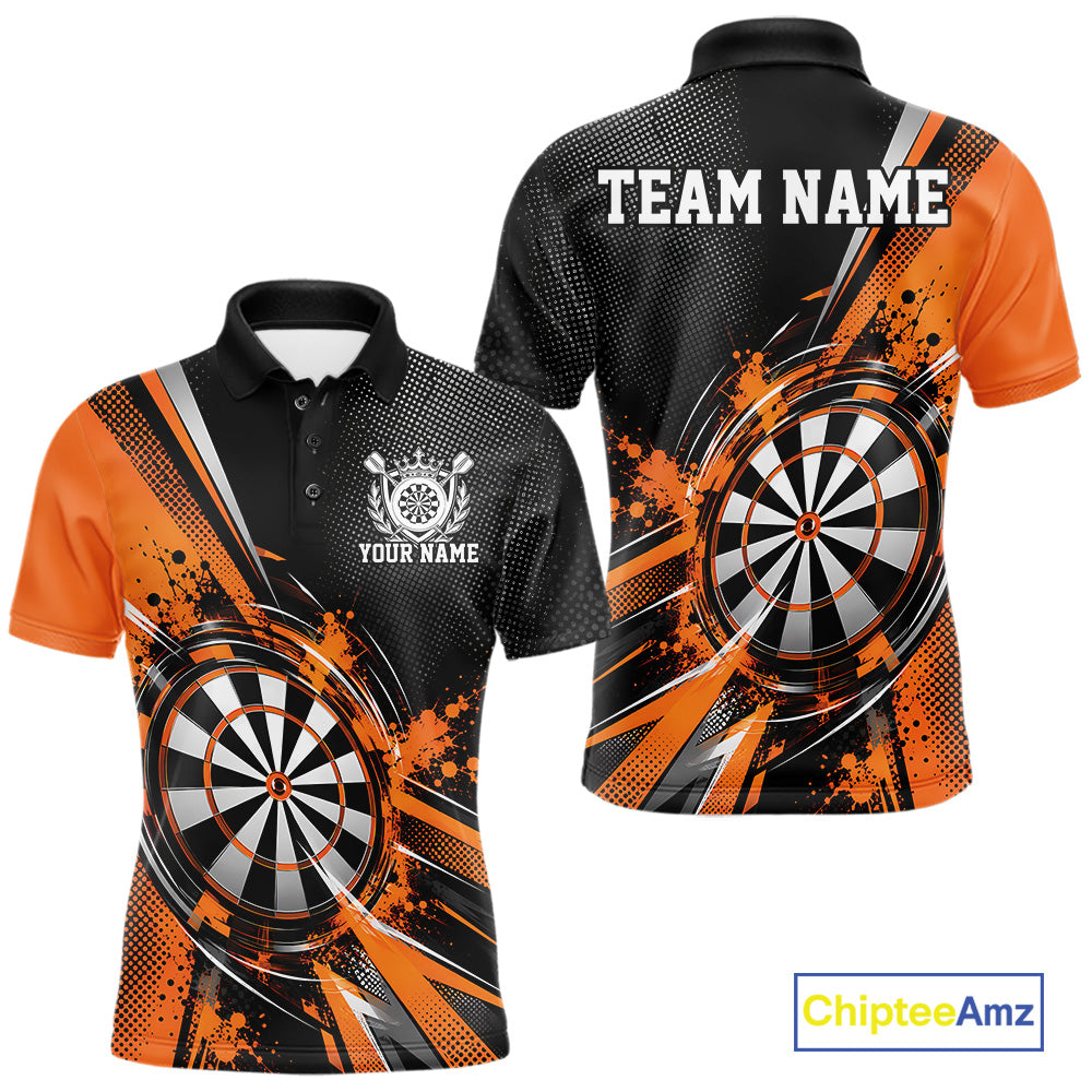 Custom Black And Orange Splatter Dart Men Polo Shirt, Dart League Team Jersey IPHW12591