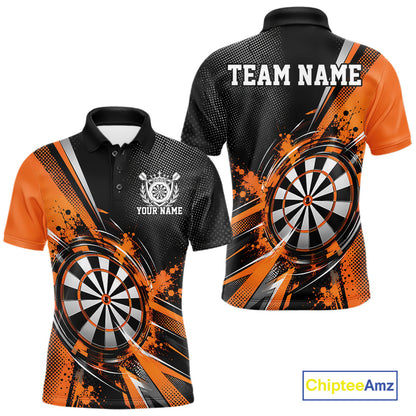 Custom Black And Orange Splatter Dart Men Polo Shirt, Dart League Team Jersey IPHW12591