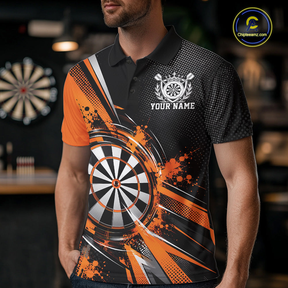 Custom Black And Orange Splatter Dart Men Polo Shirt, Dart League Team Jersey IPHW12591