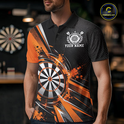 Custom Black And Orange Splatter Dart Men Polo Shirt, Dart League Team Jersey IPHW12591