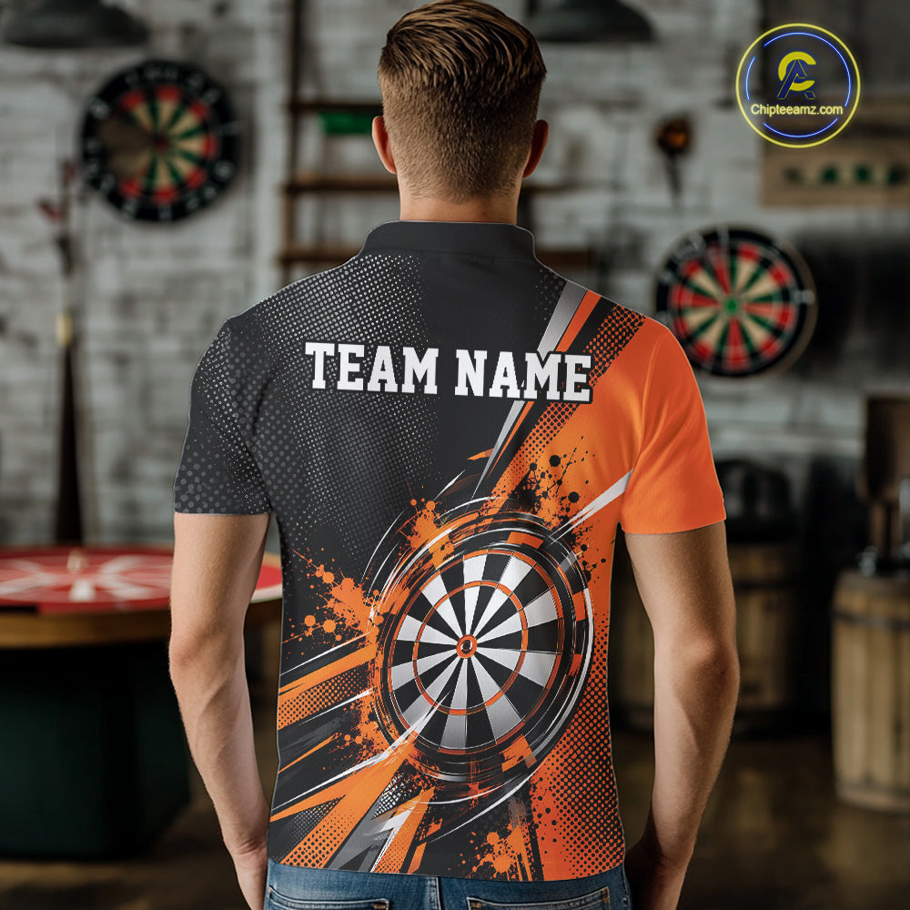 Custom Black And Orange Splatter Dart Men Polo Shirt, Dart League Team Jersey IPHW12591