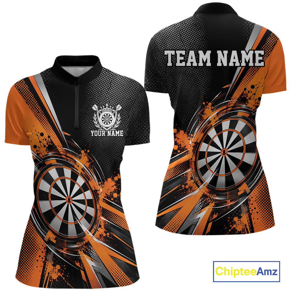 Custom Black And Orange Splatter Dart Women Quarter-Zip Shirt, Dart League Team Jersey IPHW12591
