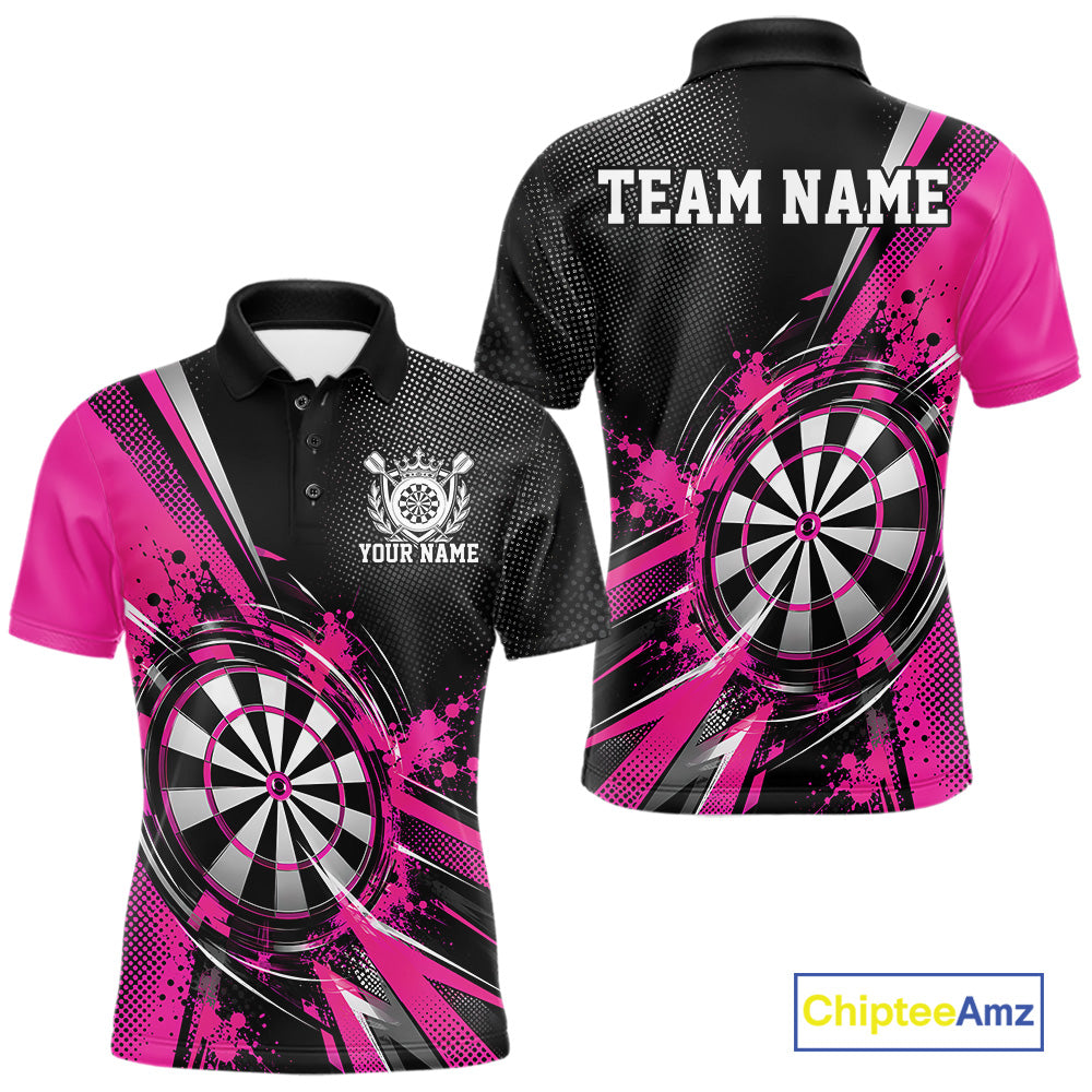 Custom Black And Pink Splatter Dart Men Polo Shirt, Dart League Team Jersey IPHW12592
