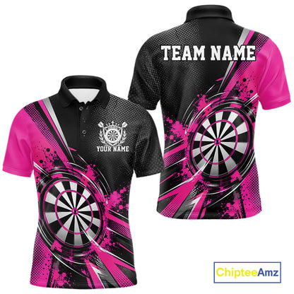 Custom Black And Pink Splatter Dart Men Polo Shirt, Dart League Team Jersey IPHW12592
