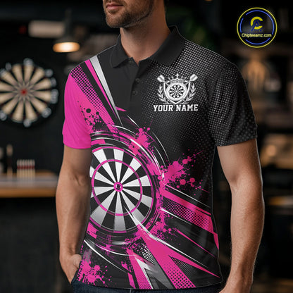 Custom Black And Pink Splatter Dart Men Polo Shirt, Dart League Team Jersey IPHW12592