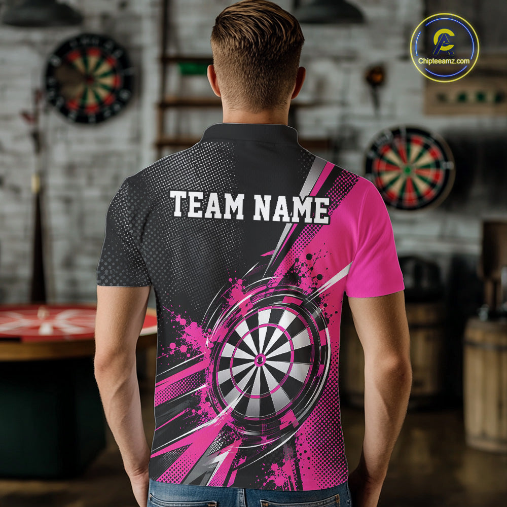 Custom Black And Pink Splatter Dart Men Polo Shirt, Dart League Team Jersey IPHW12592