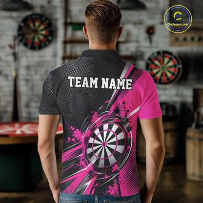 Custom Black And Pink Splatter Dart Men Polo Shirt, Dart League Team Jersey IPHW12592