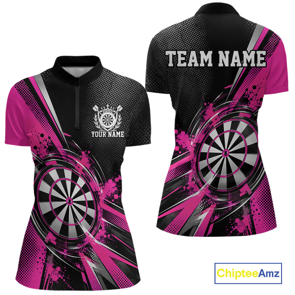 Custom Black And Pink Splatter Dart Women Quarter-Zip Shirt, Dart League Team Jersey IPHW12592