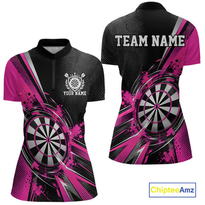 Custom Black And Pink Splatter Dart Women Quarter-Zip Shirt, Dart League Team Jersey IPHW12592