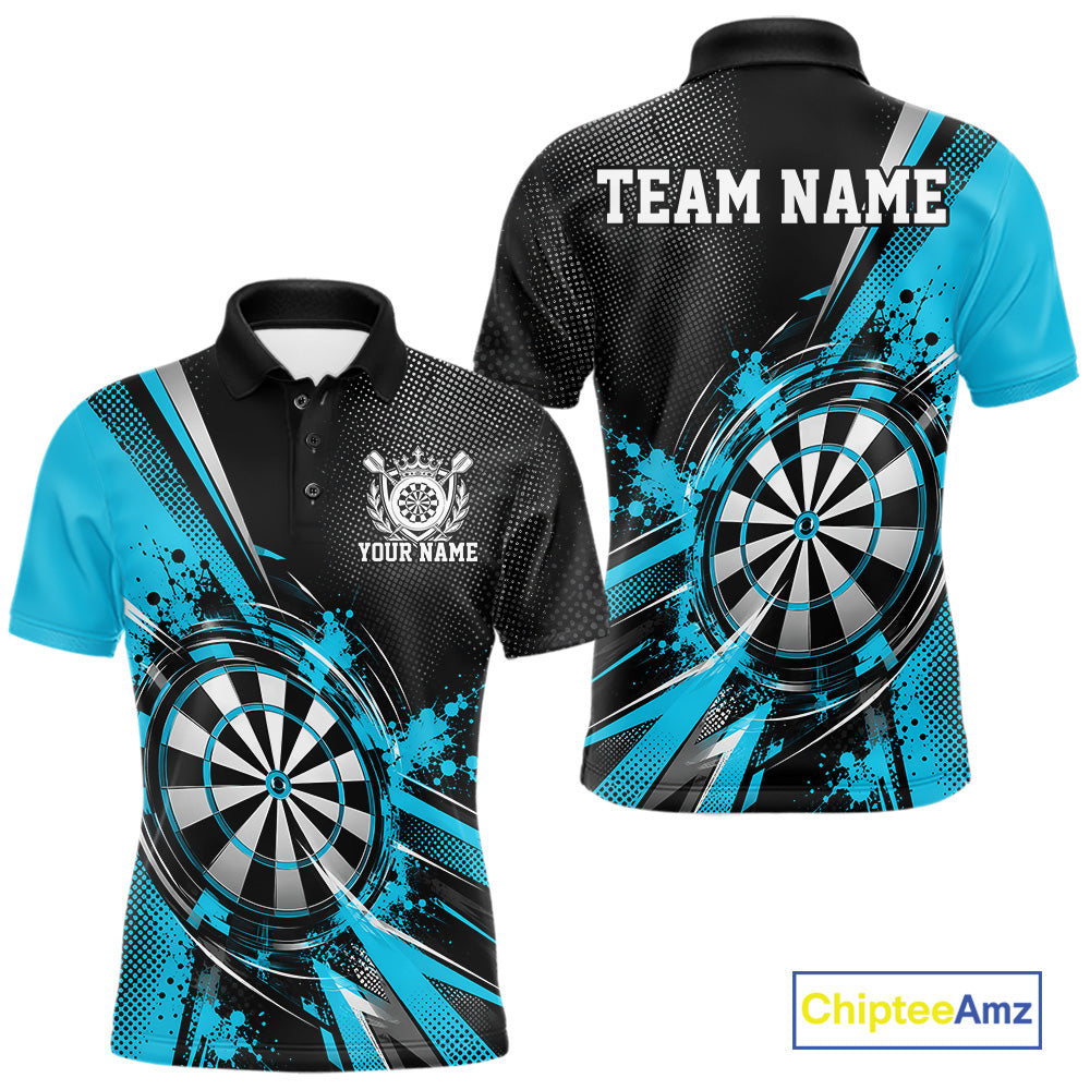 Custom Black And Cyan Blue Splatter Dart Men Polo Shirt, Dart League Team Jersey IPHW12594