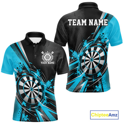 Custom Black And Cyan Blue Splatter Dart Men Polo Shirt, Dart League Team Jersey IPHW12594