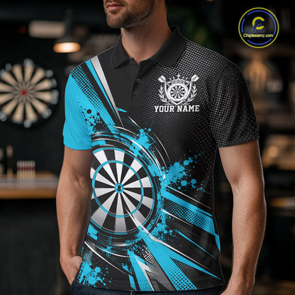 Custom Black And Cyan Blue Splatter Dart Men Polo Shirt, Dart League Team Jersey IPHW12594