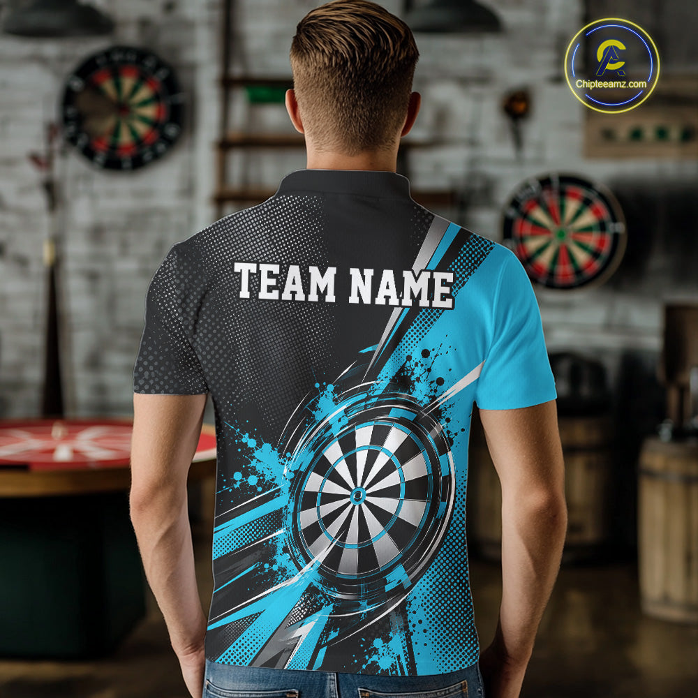 Custom Black And Cyan Blue Splatter Dart Men Polo Shirt, Dart League Team Jersey IPHW12594