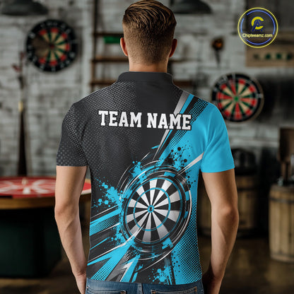 Custom Black And Cyan Blue Splatter Dart Men Polo Shirt, Dart League Team Jersey IPHW12594