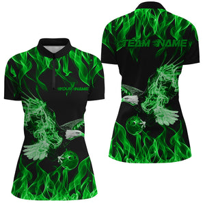 Green Flame Eagle Custom Bowling Team Shirts For Women, Fire Bowling League Shirt IPHW7947