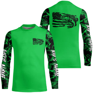 Green Camo US Largemouth Bass Custom Patrotic Kid Long Sleeve Fishing Shirt, Bass Fishing Jersey IPHW8134
