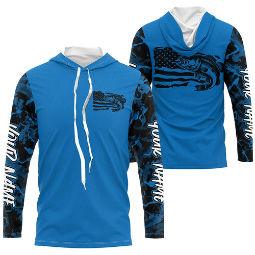 Blue Camo US Flag Largemouth Bass Custom Patrotic Long Sleeve Hooded Fishing Shirt IPHW8135