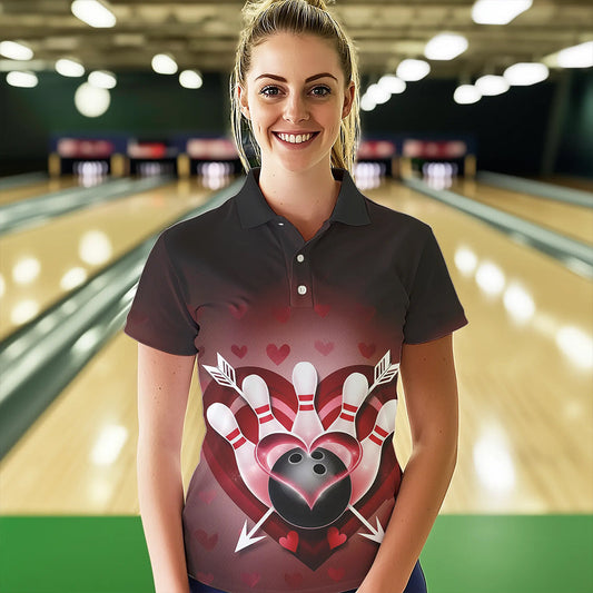 Custom Valentine Bowling Heart And Arrow Polo Shirts For Women, Couple Bowling Outfits IPHW8368