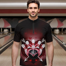 Load image into Gallery viewer, Custom Valentine Bowling Heart And Arrow Quarter-Zip Shirts For Men, Couple Bowling Outfits IPHW8368