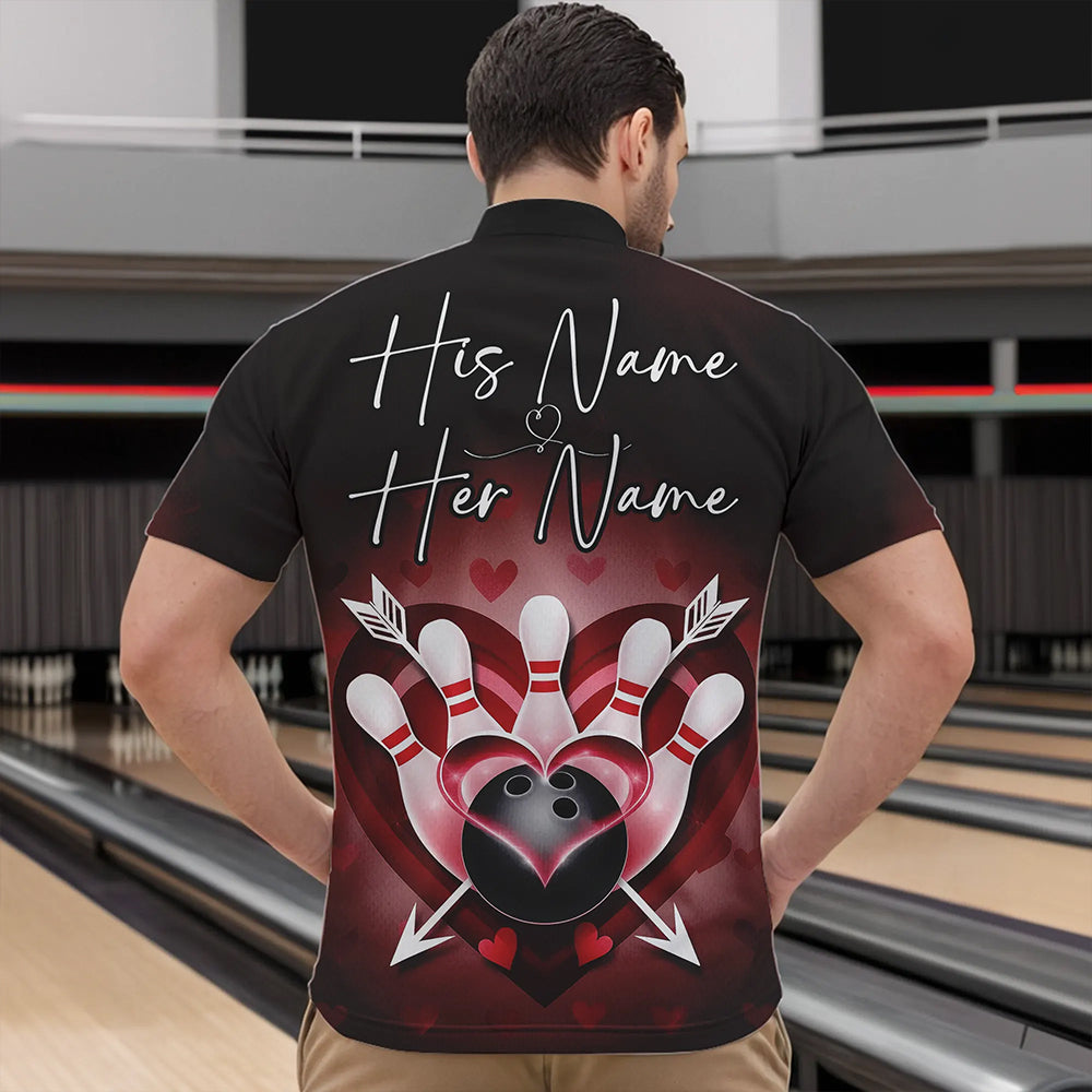 Custom Valentine Bowling Heart And Arrow Quarter-Zip Shirts For Men, Couple Bowling Outfits IPHW8368