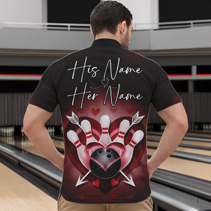 Custom Valentine Bowling Heart And Arrow Quarter-Zip Shirts For Men, Couple Bowling Outfits IPHW8368