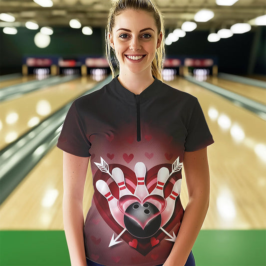 Custom Valentine Bowling Heart And Arrow Quarter-Zip Shirt For Women, Couple Bowling Outfit IPHW8368