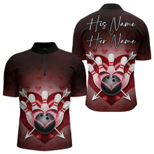 Load image into Gallery viewer, Custom Valentine Bowling Heart And Arrow Quarter-Zip Shirts For Men, Couple Bowling Outfits IPHW8368