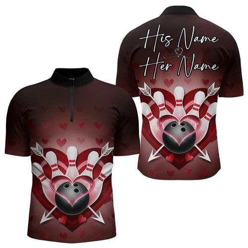 Custom Valentine Bowling Heart And Arrow Quarter-Zip Shirts For Men, Couple Bowling Outfits IPHW8368