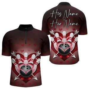 Custom Valentine Bowling Heart And Arrow Quarter-Zip Shirts For Men, Couple Bowling Outfits IPHW8368