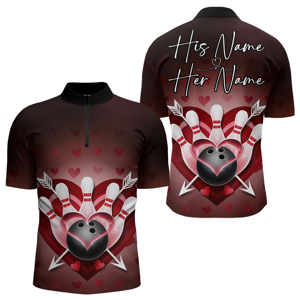 Custom Valentine Bowling Heart And Arrow Quarter-Zip Shirts For Men, Couple Bowling Outfits IPHW8368