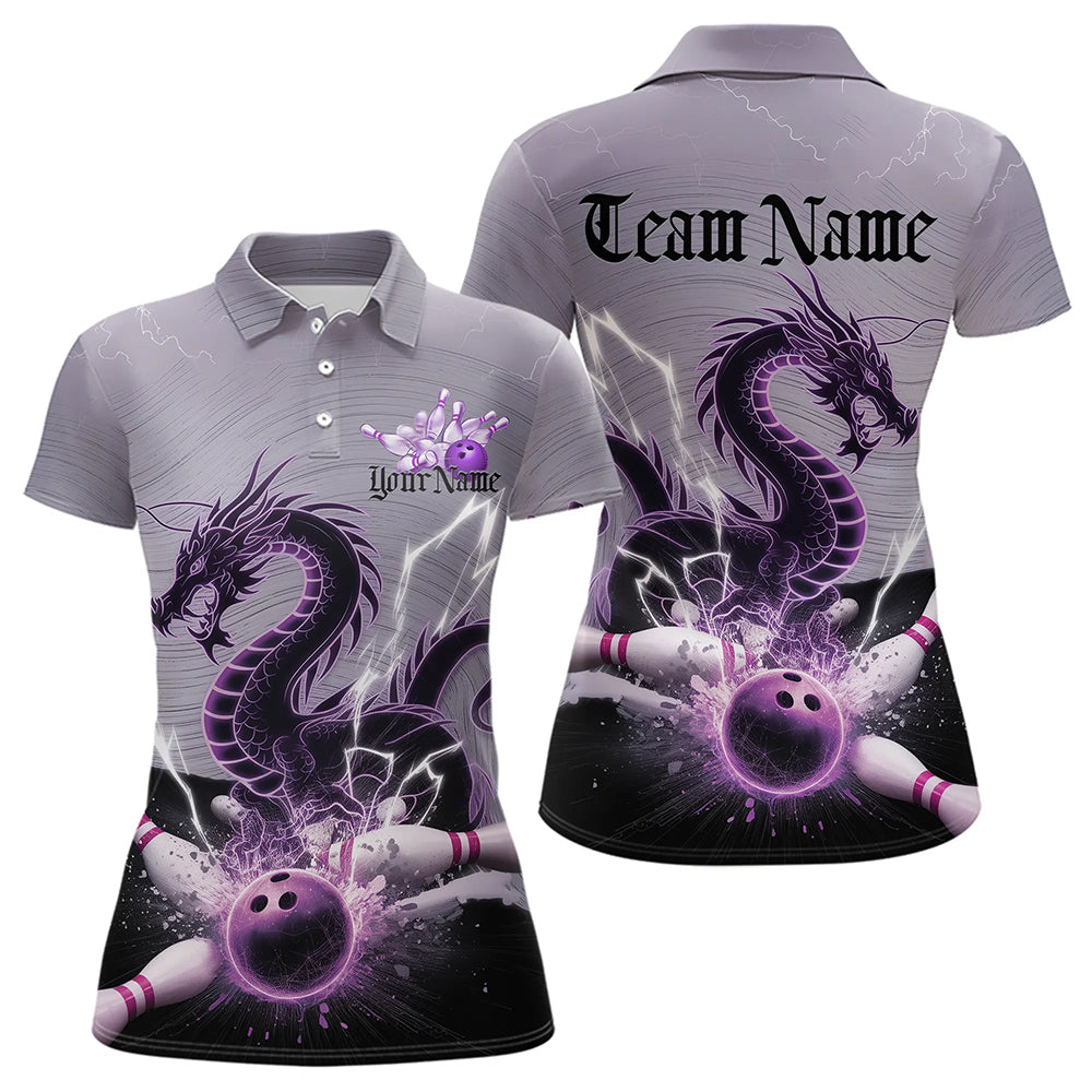Custom Purple Thunder Lightning Dragon Bowling Polo Shirts For Women, Bowling Team Uniform IPHW8558