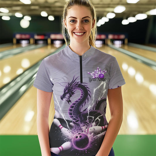 Custom Purple Thunder Lightning Dragon Bowling Quarter-Zip Shirts For Women, Bowling Team Uniform IPHW8558