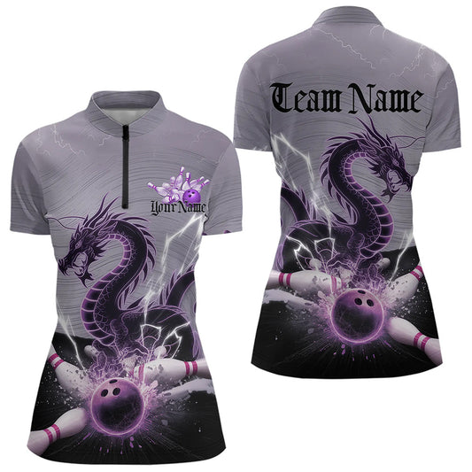 Custom Purple Thunder Lightning Dragon Bowling Quarter-Zip Shirts For Women, Bowling Team Uniform IPHW8558