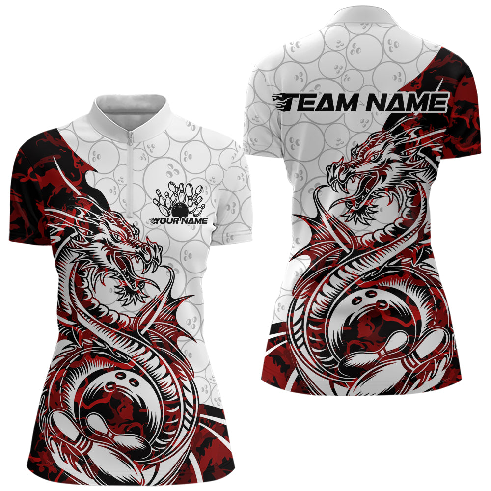 Custom Red Camo Dragon Bowling Tattoo Women Quarter-Zip Shirts, Dragon Bowling League Shirt IPHW8883