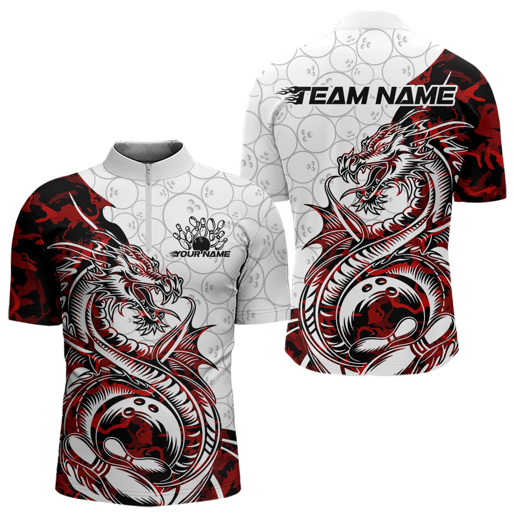 Custom Red Camo Dragon Bowling Tattoo Men Quarter-Zip Shirts, Dragon Bowling League Team Shirt IPHW8883