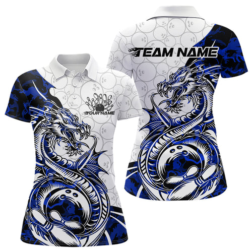 Custom Blue Camo Dragon Bowling Tattoo Women Polo Shirts, Dragon Bowling League Team Shirt IPHW8884