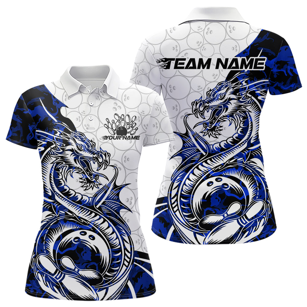 Custom Blue Camo Dragon Bowling Tattoo Women Polo Shirts, Dragon Bowling League Team Shirt IPHW8884