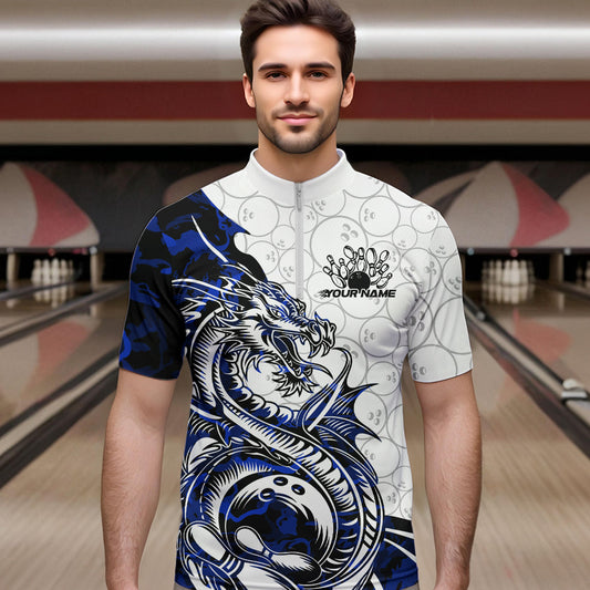 Custom Blue Camo Dragon Bowling Tattoo Men Quarter-Zip Shirts, Dragon Bowling League Team Shirt IPHW8884