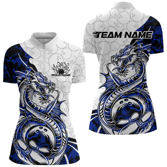Custom Blue Camo Dragon Bowling Tattoo Women Quarter-Zip Shirt, Dragon Bowling League Shirt IPHW8884