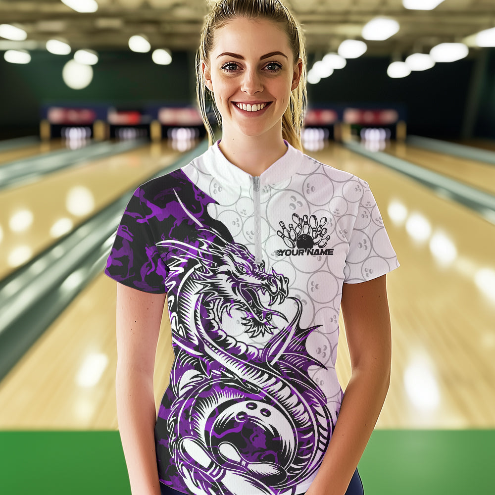 Custom Purple Camo Dragon Bowling Tattoo Women Quarter-Zip Shirts, Bowling League Shirt IPHW8885