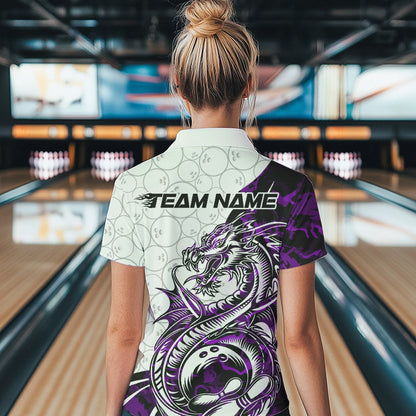 Custom Purple Camo Dragon Bowling Tattoo Women Quarter-Zip Shirts, Bowling League Shirt IPHW8885