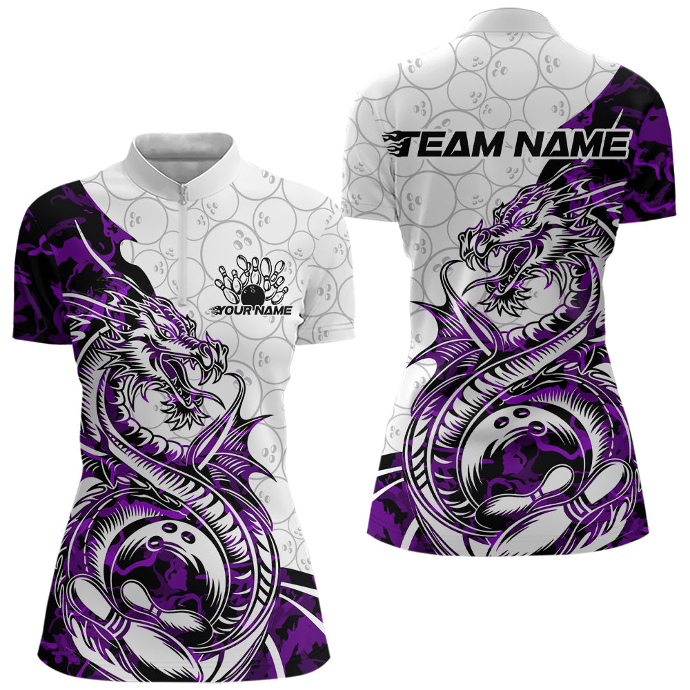 Custom Purple Camo Dragon Bowling Tattoo Women Quarter-Zip Shirts, Bowling League Shirt IPHW8885