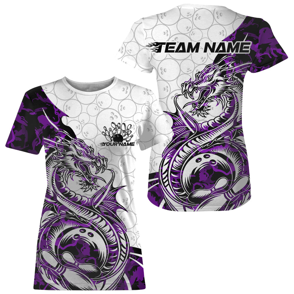 Custom Purple Camo Dragon Bowling Tattoo Women T-Shirts, Dragon Bowling League Team IPHW8885