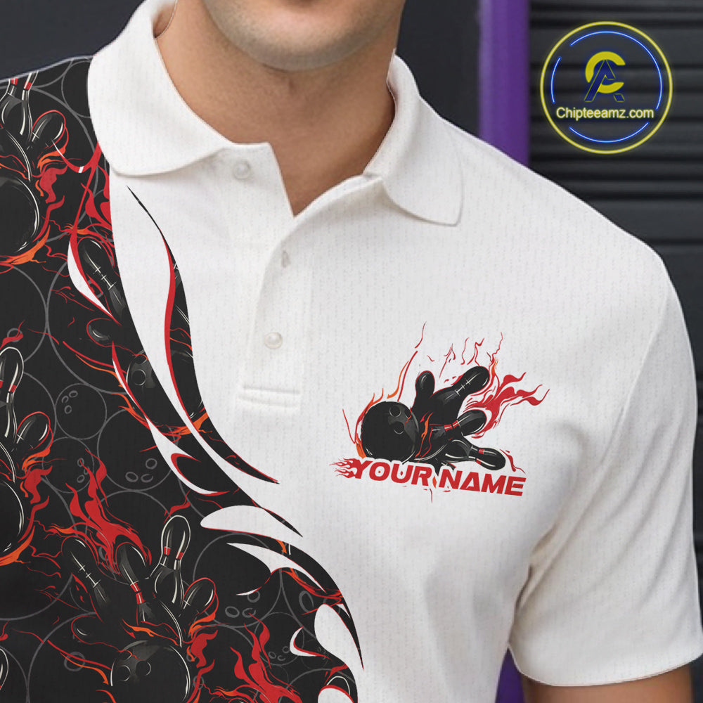 Close-up view of the left chest of a white bowling polo shirt showing red and black flame bowling pattern with detailed sporty design.
